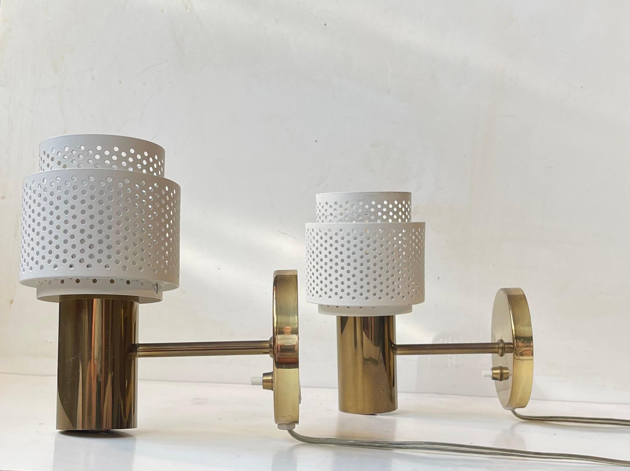 Scandinavian Modern Wall Sconces in Brass & White Pierced Metal, 1970s For Sale 5
