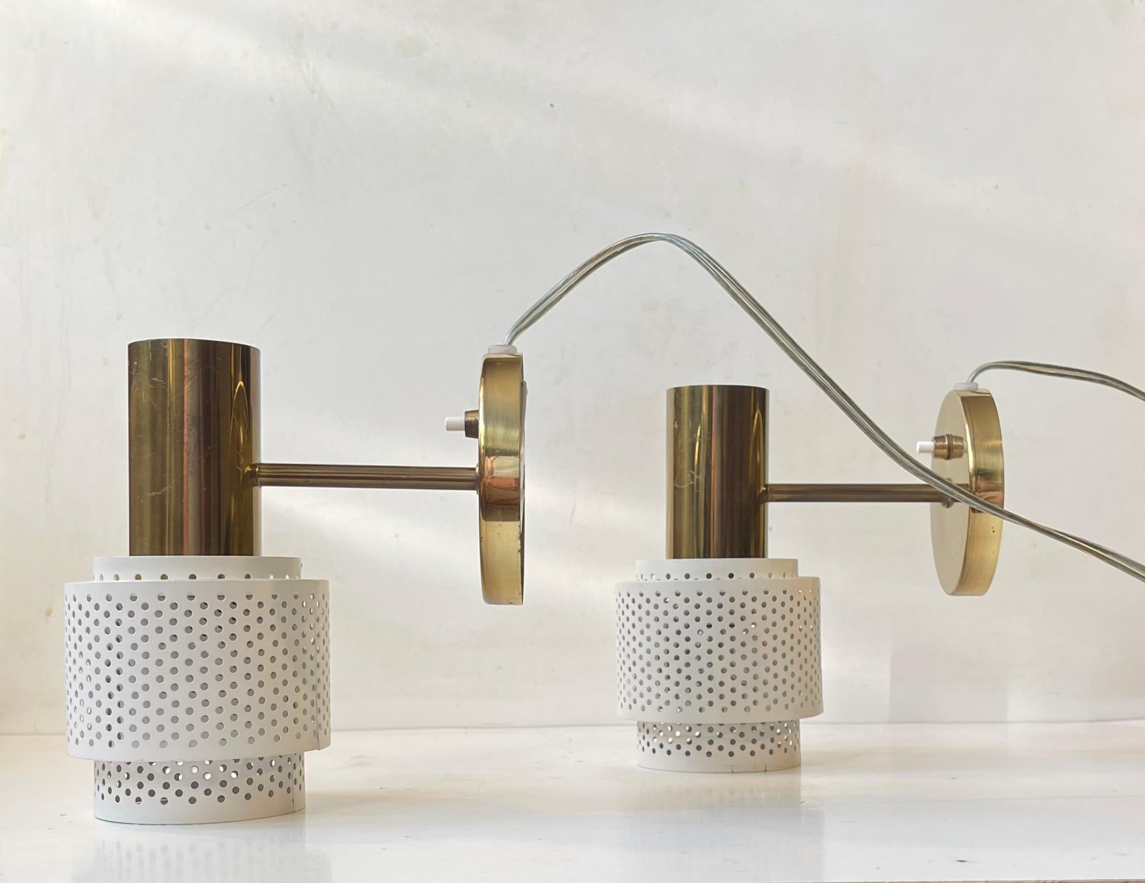Scandinavian Modern Wall Sconces in Brass & White Pierced Metal, 1970s For Sale 6