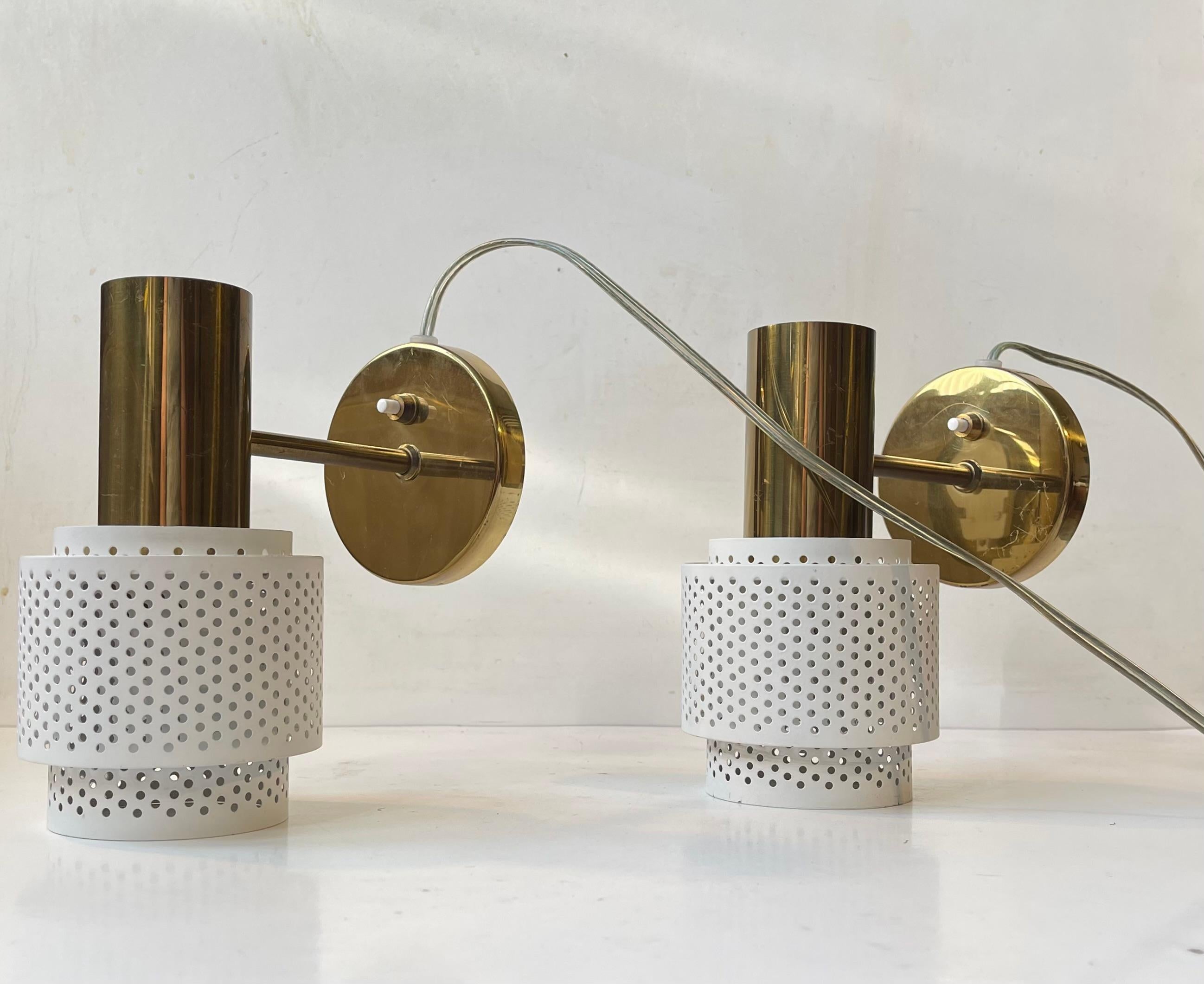 Powder-Coated Scandinavian Modern Wall Sconces in Brass & White Pierced Metal, 1970s For Sale