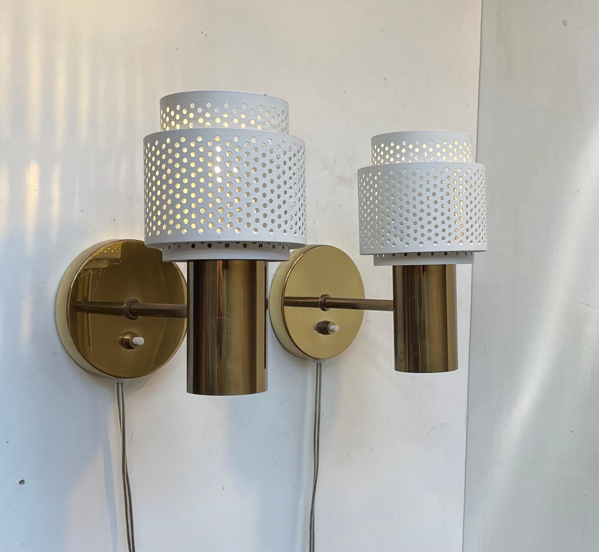 Late 20th Century Scandinavian Modern Wall Sconces in Brass & White Pierced Metal, 1970s For Sale