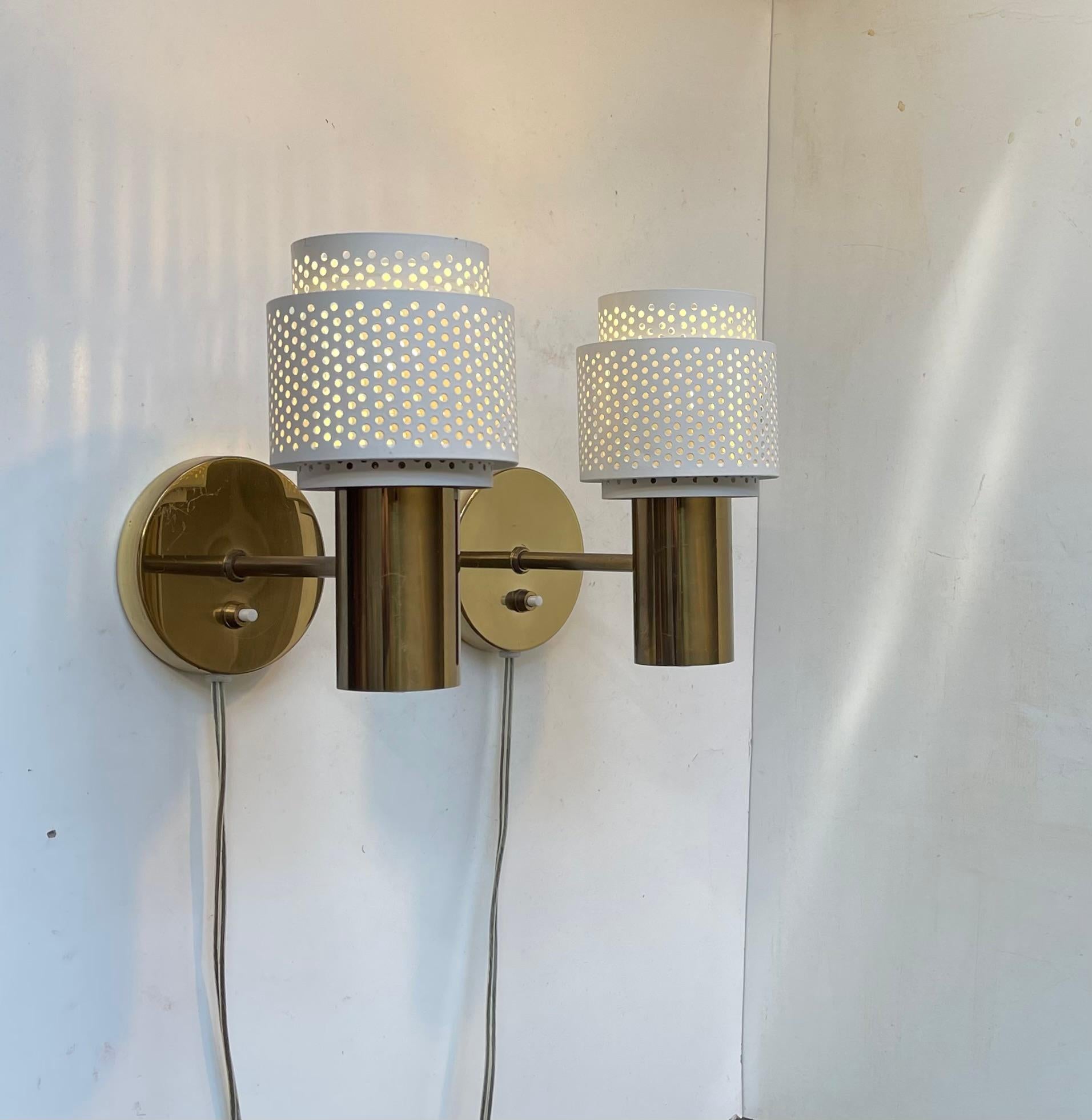 Scandinavian Modern Wall Sconces in Brass & White Pierced Metal, 1970s For Sale 2
