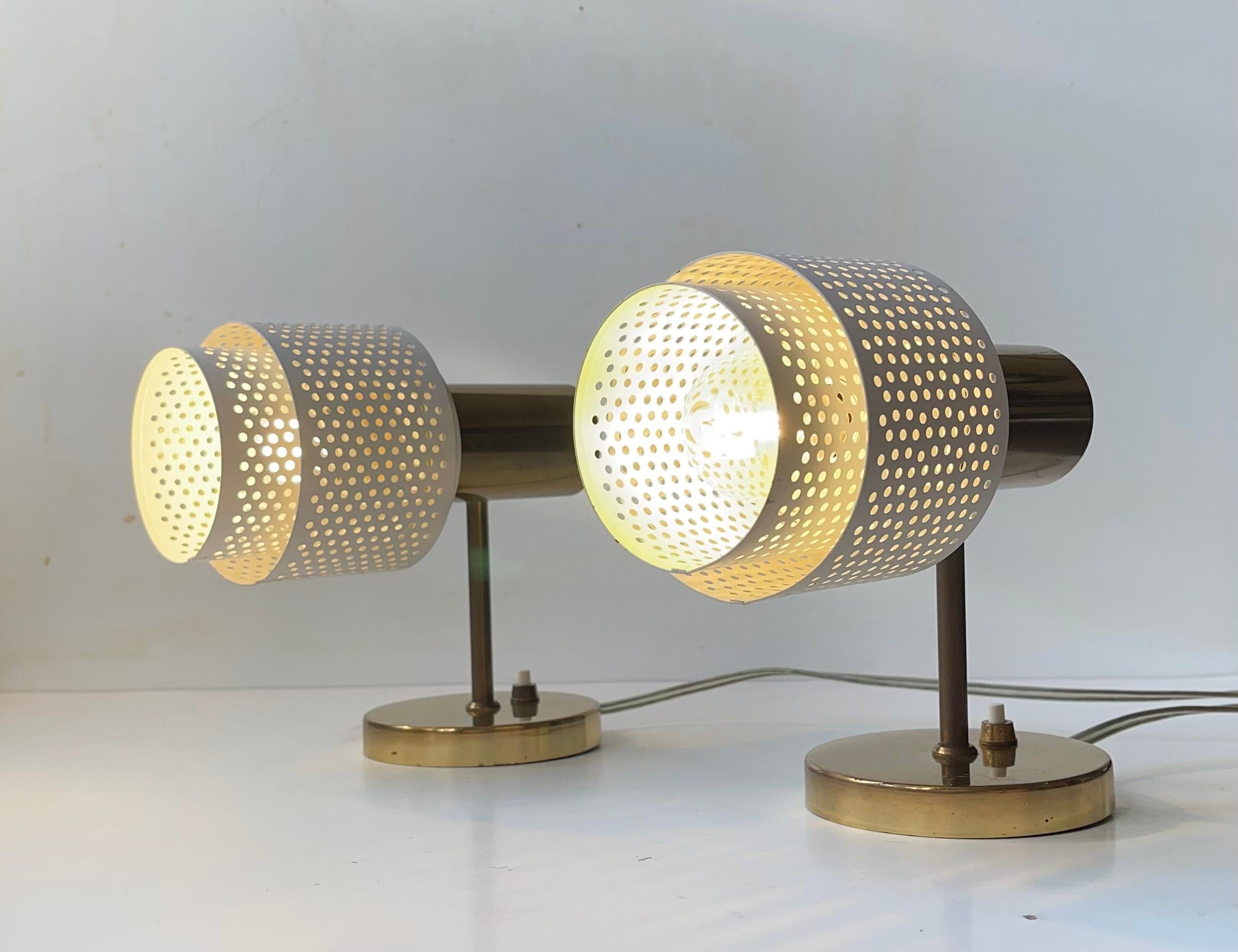 Scandinavian Modern Wall Sconces in Brass & White Pierced Metal, 1970s For Sale 3