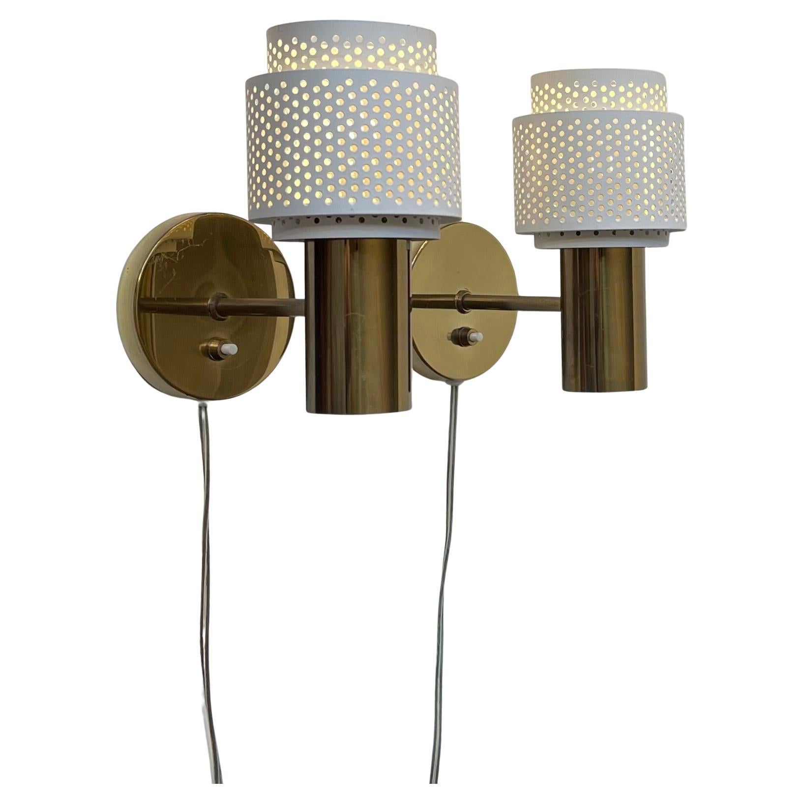 Scandinavian Modern Wall Sconces in Brass & White Pierced Metal, 1970s For Sale