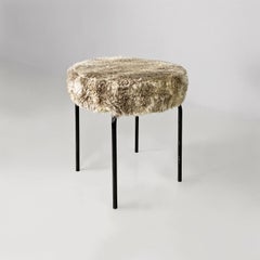 Scandinavian modern white grey long pile fabric and metal pouf or stool, 1970s