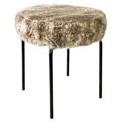 Scandinavian modern white grey long pile fabric and metal pouf or stool, 1970s