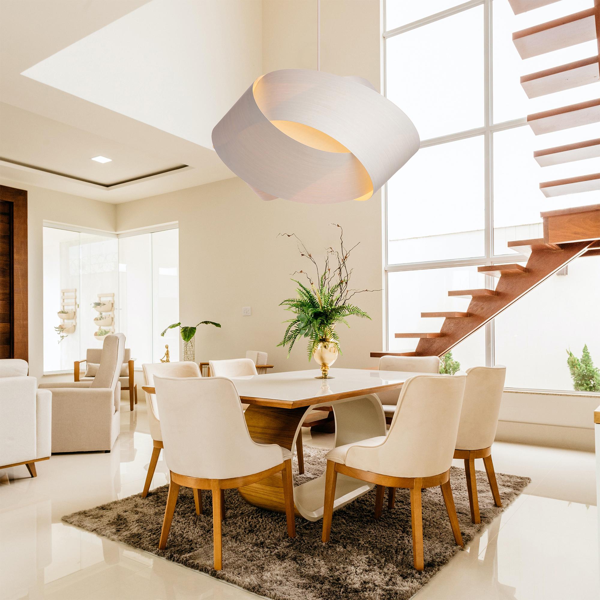 This pendant light features a contemporary Mid-Century Modern design with Scandinavian influences, showcasing a minimalist silhouette crafted from white eco wood veneer. Made from reconstituted natural wood fiber, it offers a sustainable option with