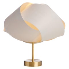 Scandinavian Modern White Wood Veneer Shade with Brushed Brass Stand