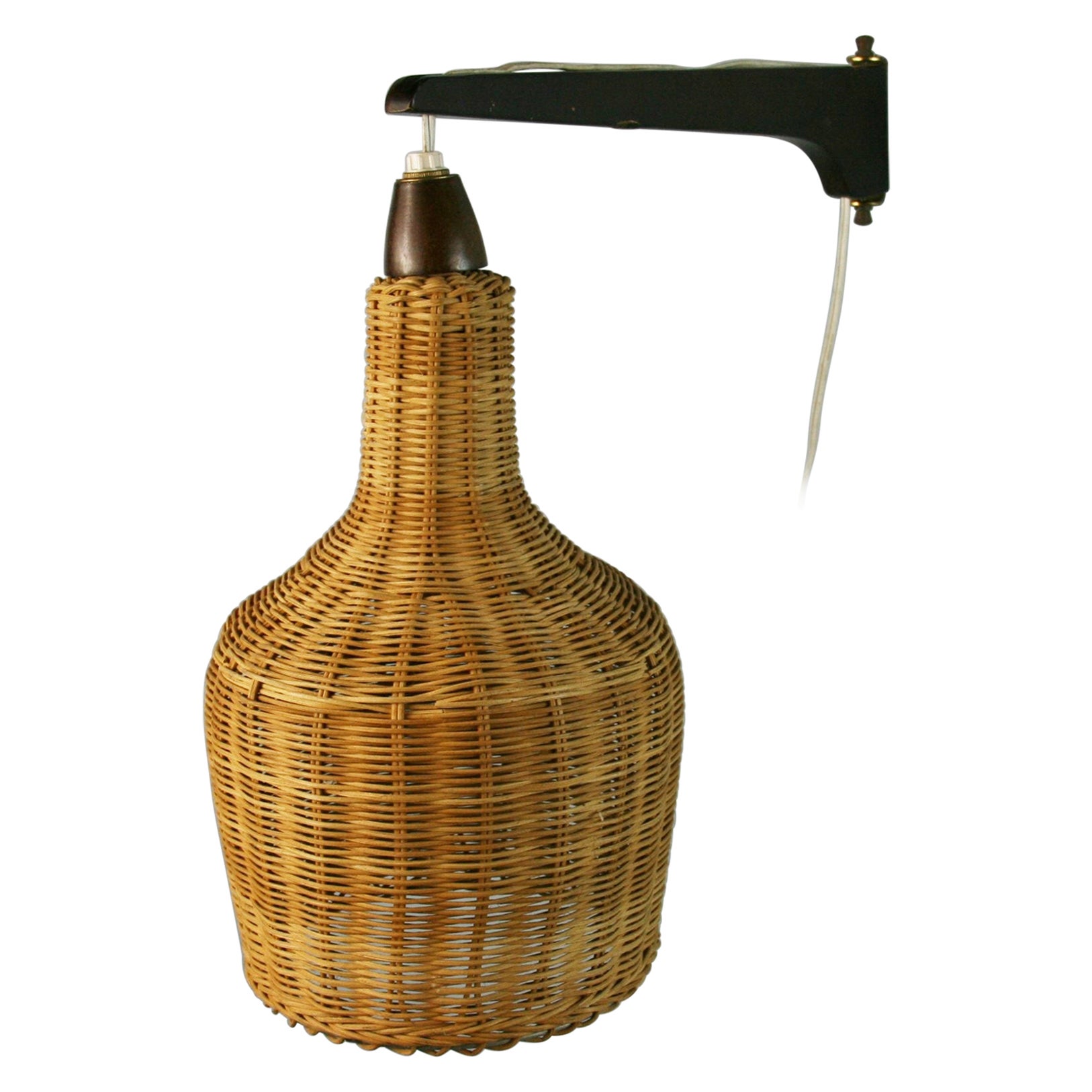 Scandinavian Modern Wicker and Wood Swing Arm Adjustable Wall Light