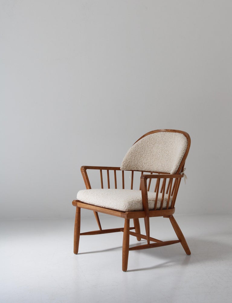 Scandinavian Modern Windsor Chair in Patinated Ash and White Boucle