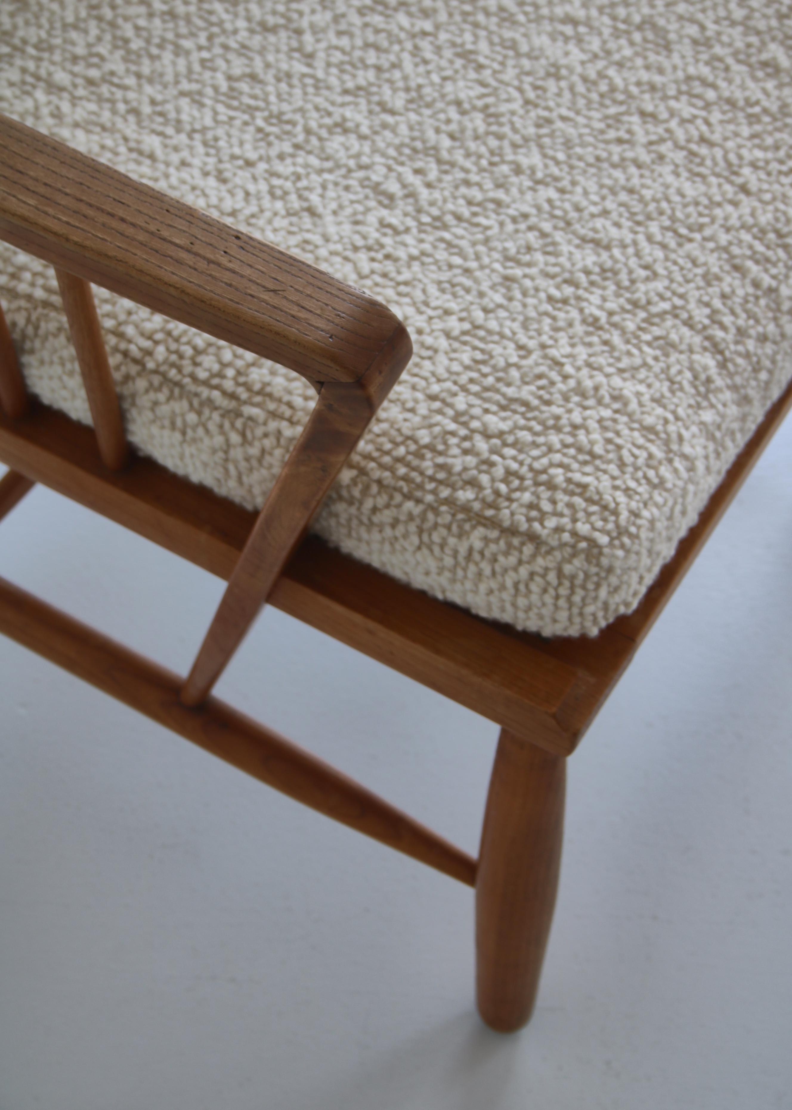 Scandinavian Modern Windsor Chair in Patinated Ash and White Boucle 3