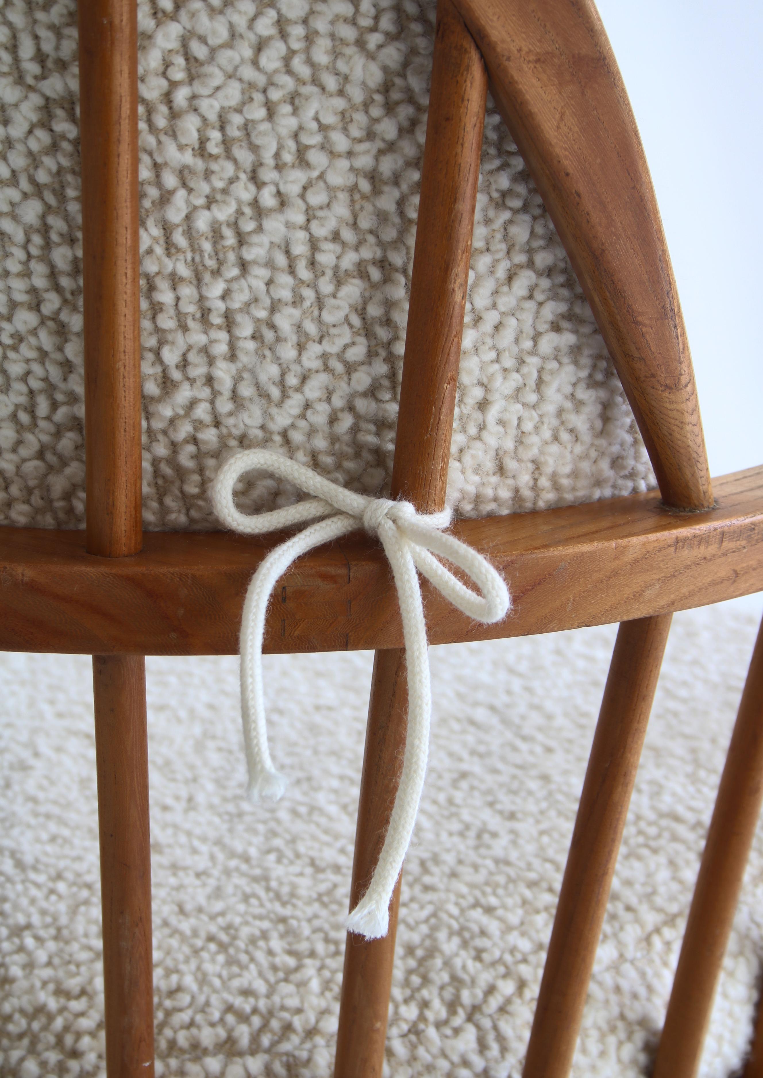 Scandinavian Modern Windsor Chair in Patinated Ash and White Boucle 5