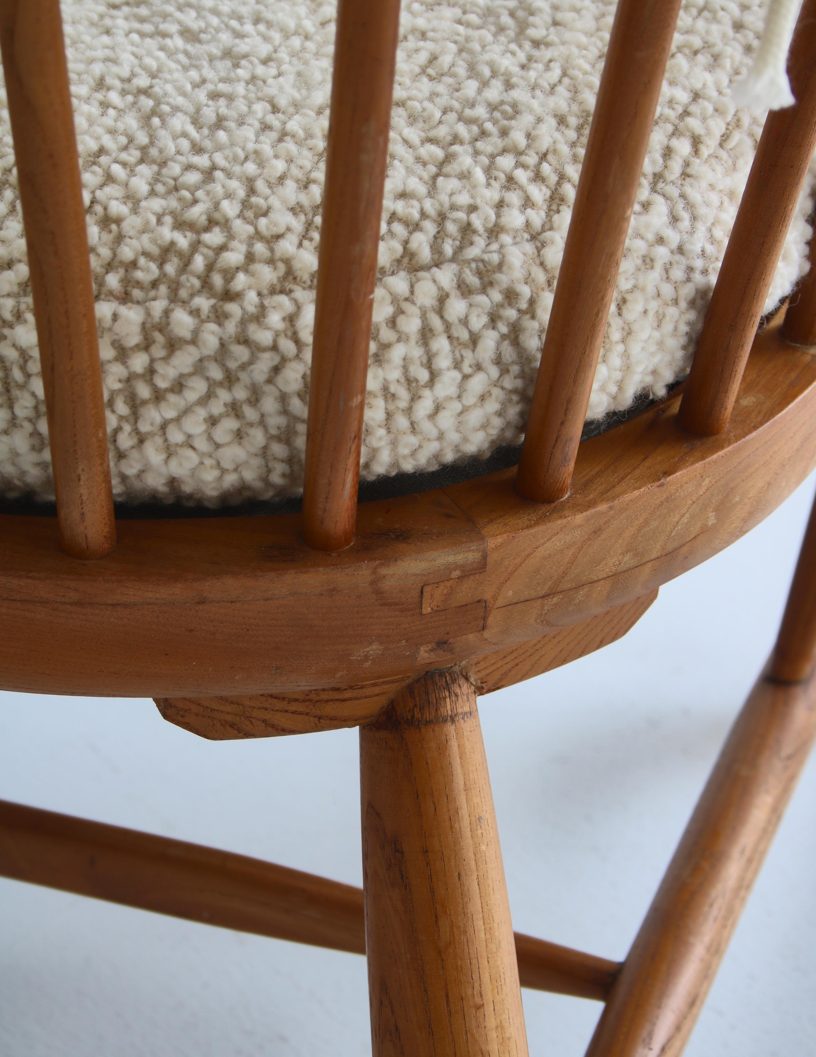 Scandinavian Modern Windsor Chair in Patinated Ash and White Boucle 7