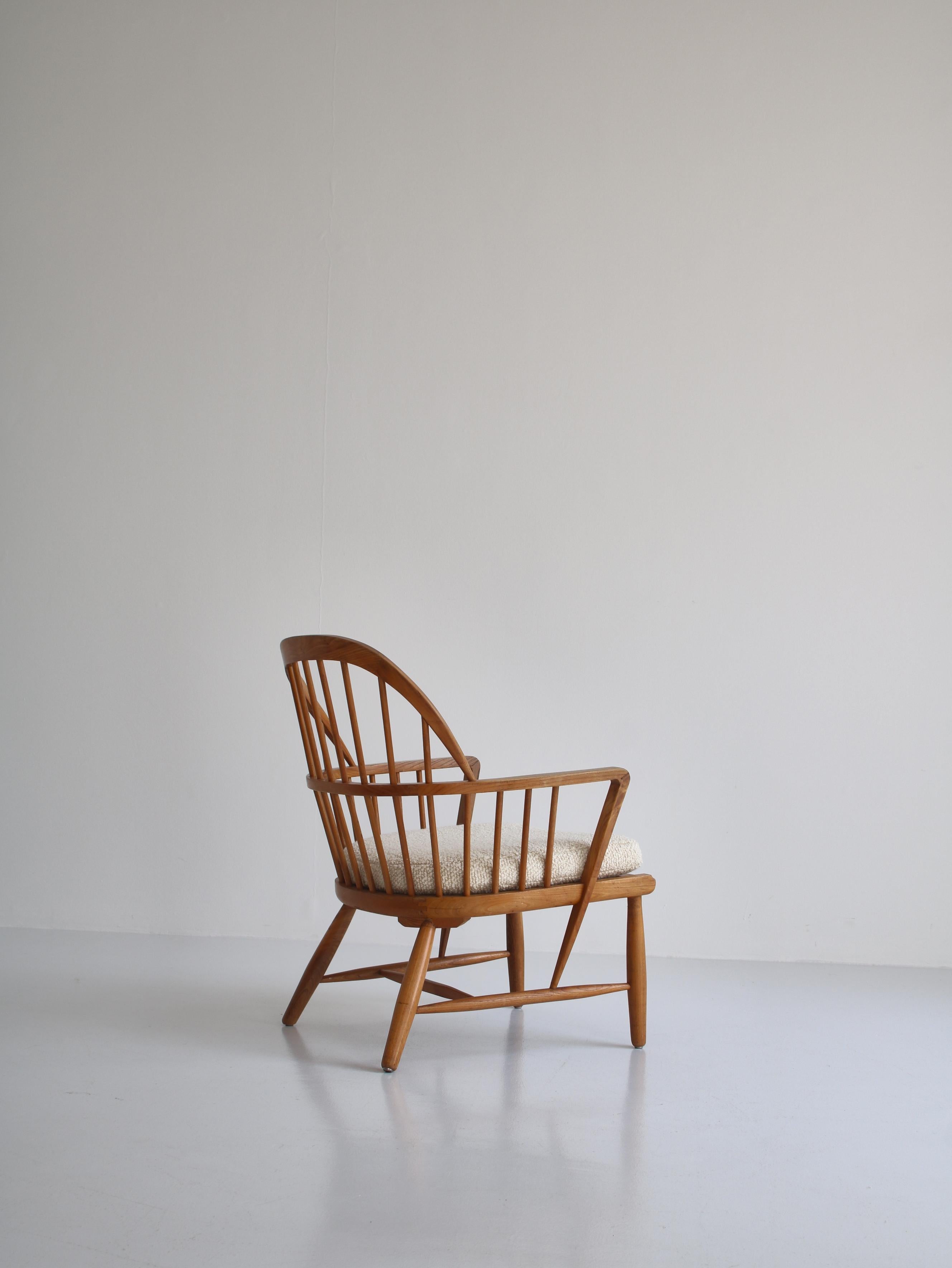 Scandinavian Modern Windsor Chair in Patinated Ash and White Boucle 8