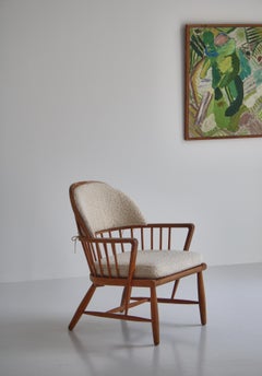 Scandinavian Modern Windsor Chair in Patinated Ash and White Boucle
