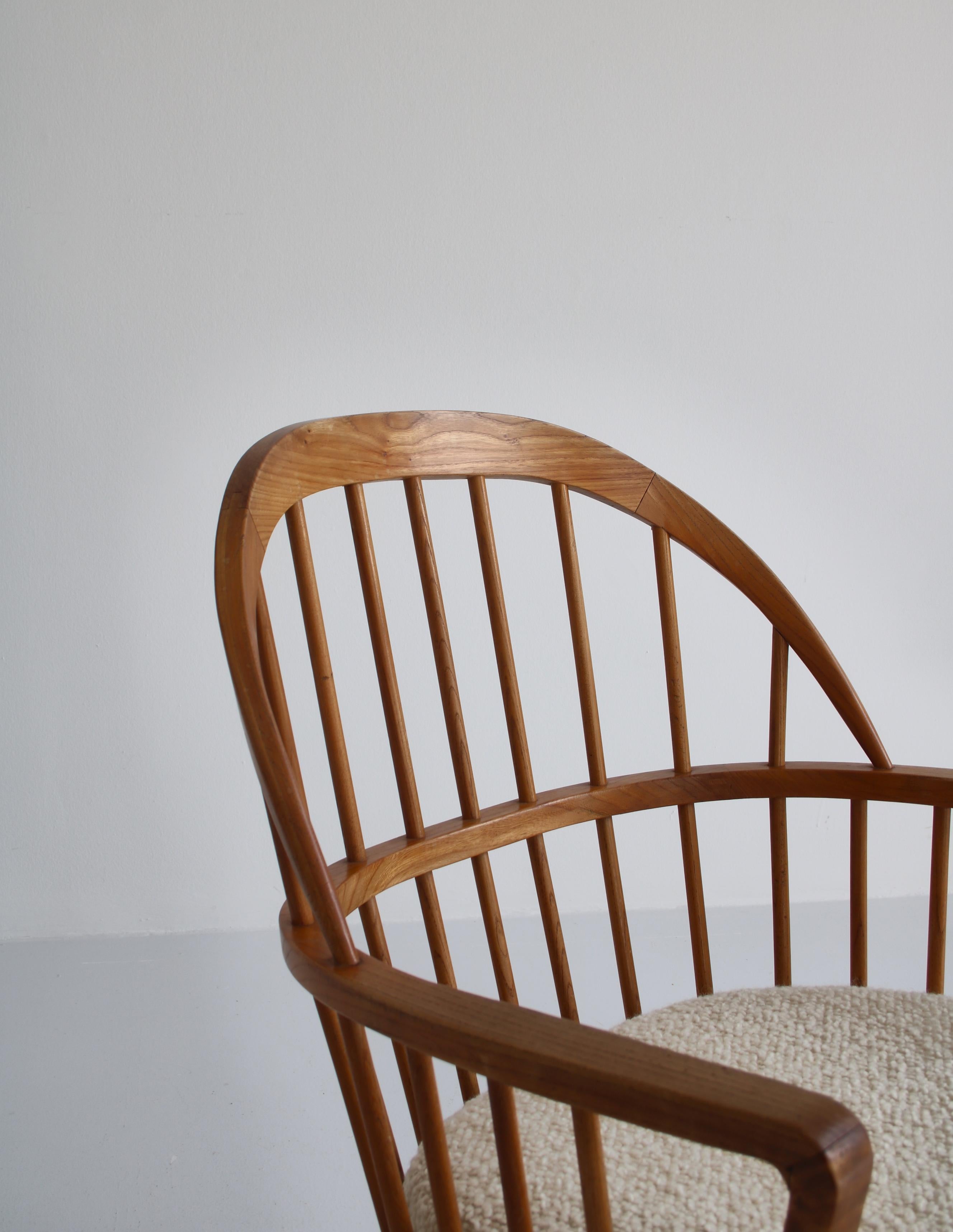Bouclé Scandinavian Modern Windsor Chair in Patinated Ash and White Boucle