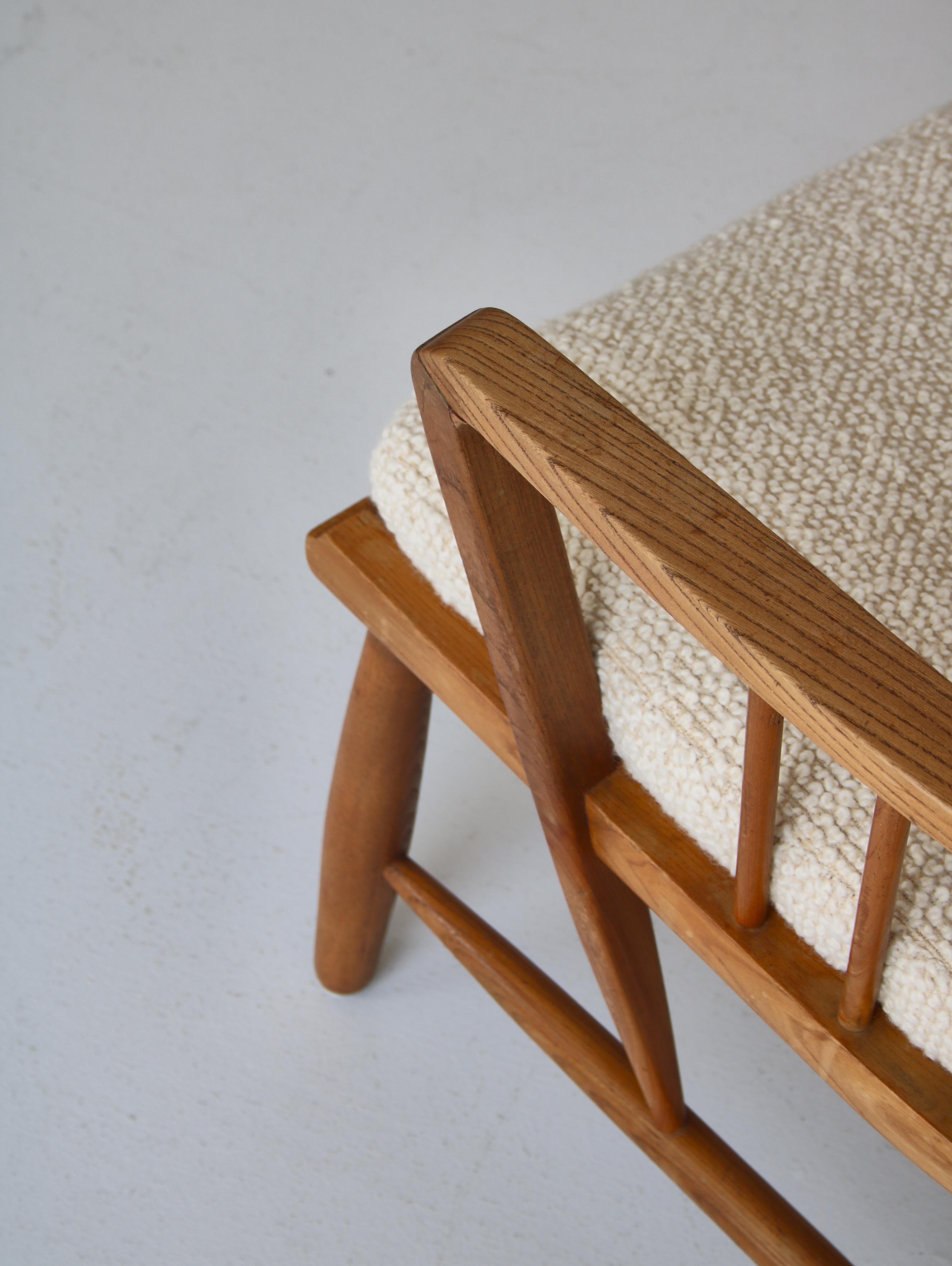 Scandinavian Modern Windsor Chair in Patinated Ash and White Boucle 1