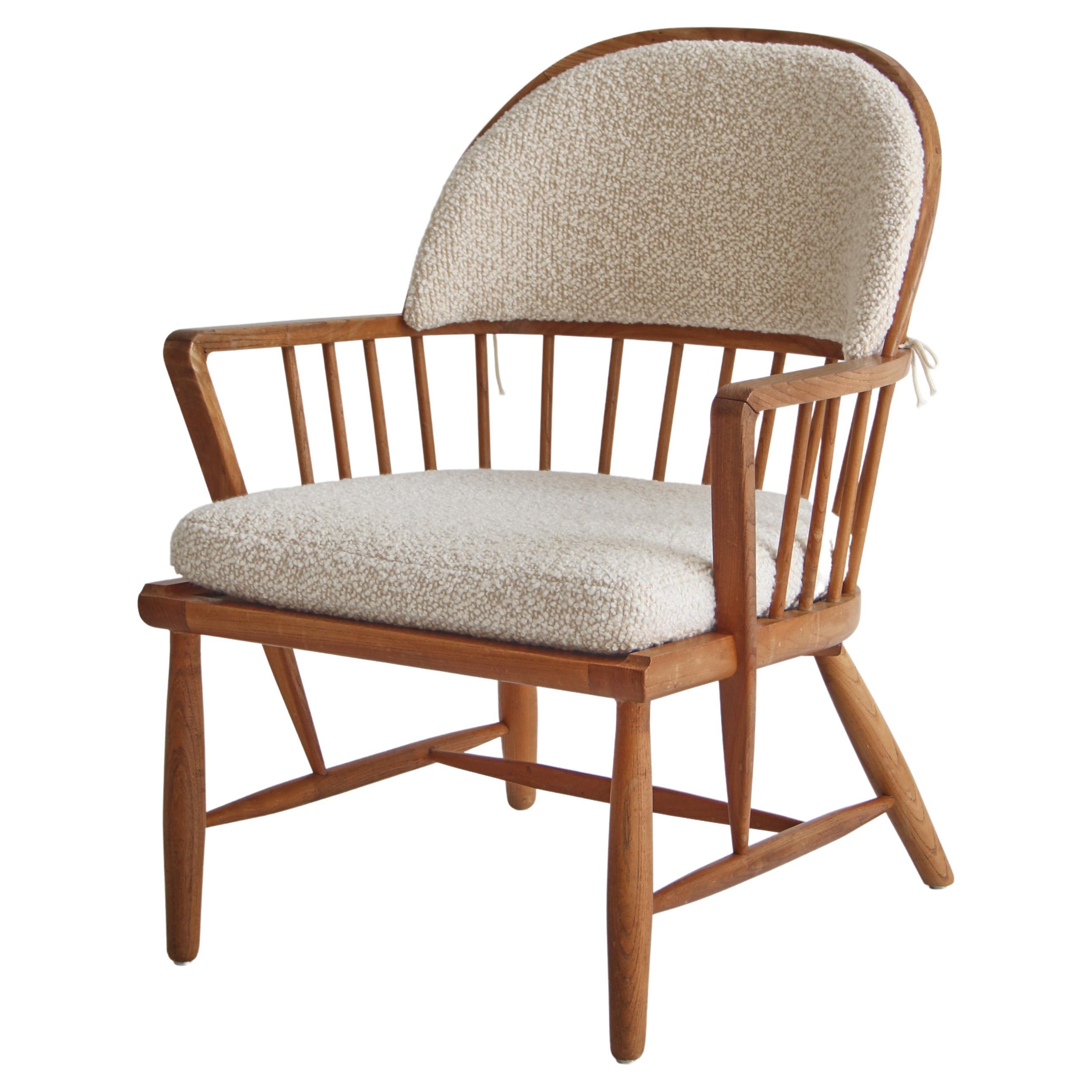 Scandinavian Modern Windsor Chair in Patinated Ash and White Boucle