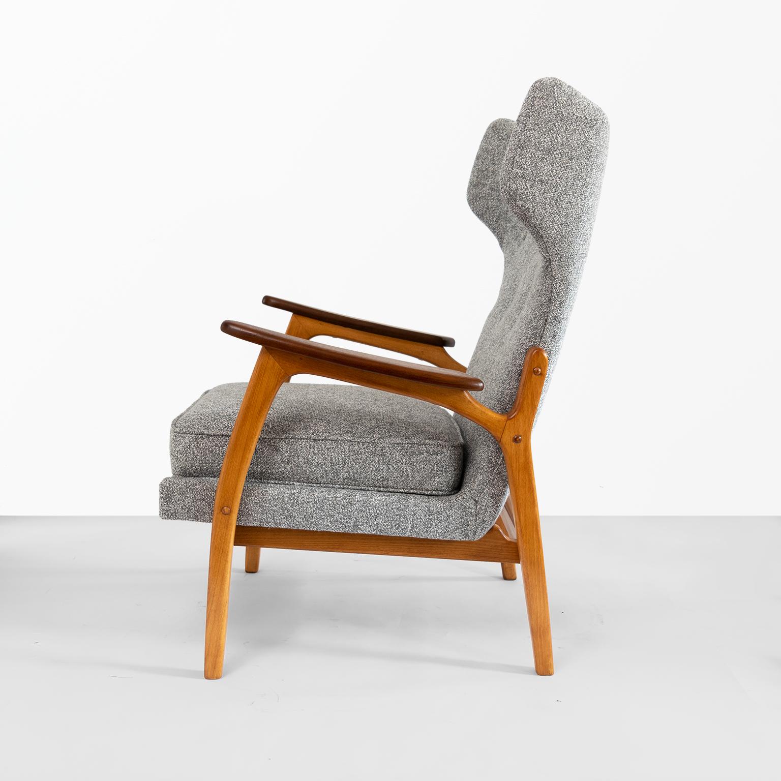Polished Scandinavian Modern Wingback Chair with a Solid Beech Wood Frame and Teak Arms