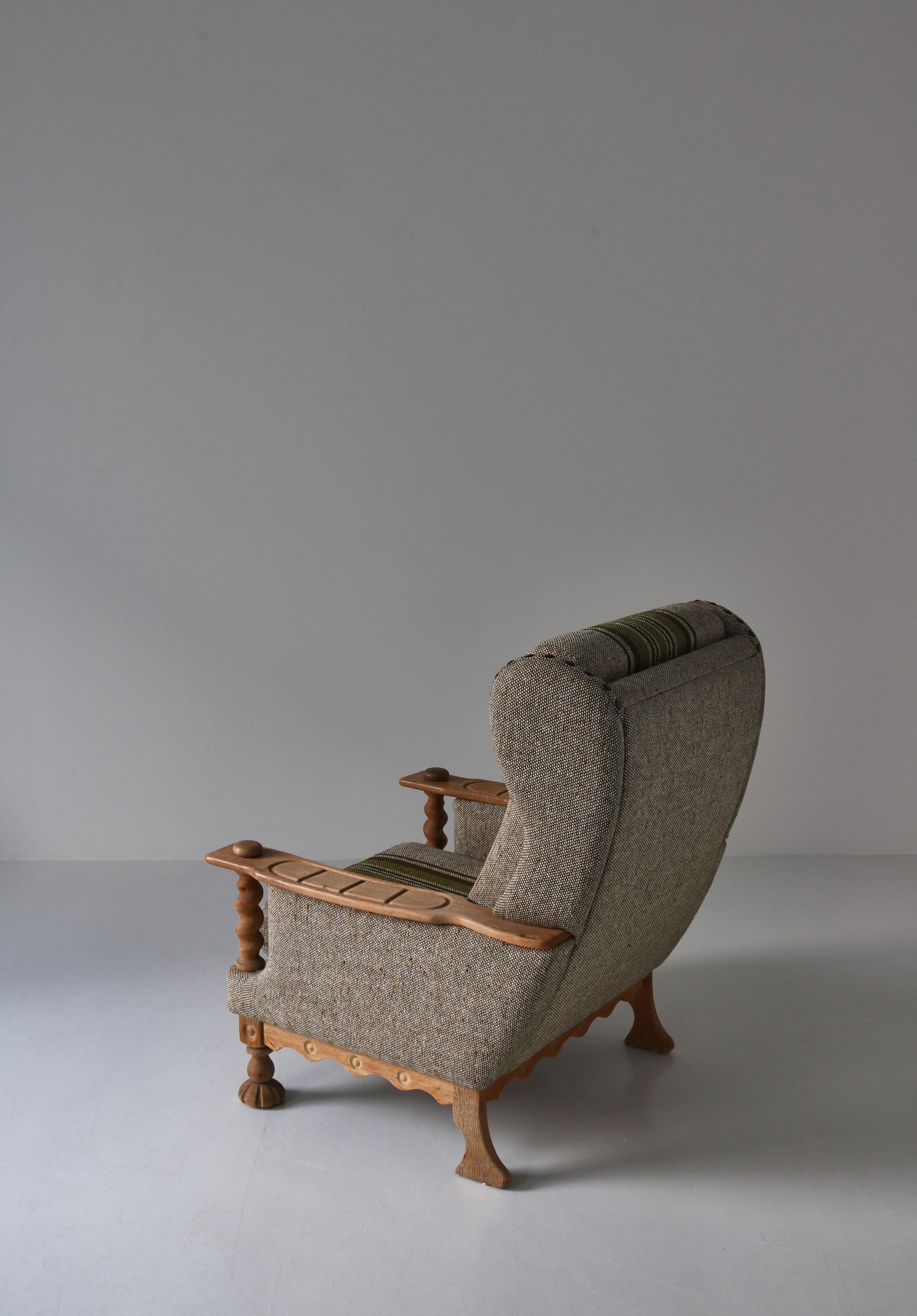 Scandinavian Modern Wingback Easy Chairs in Solid Oak by Henning Kjærnulf, 1960s 5