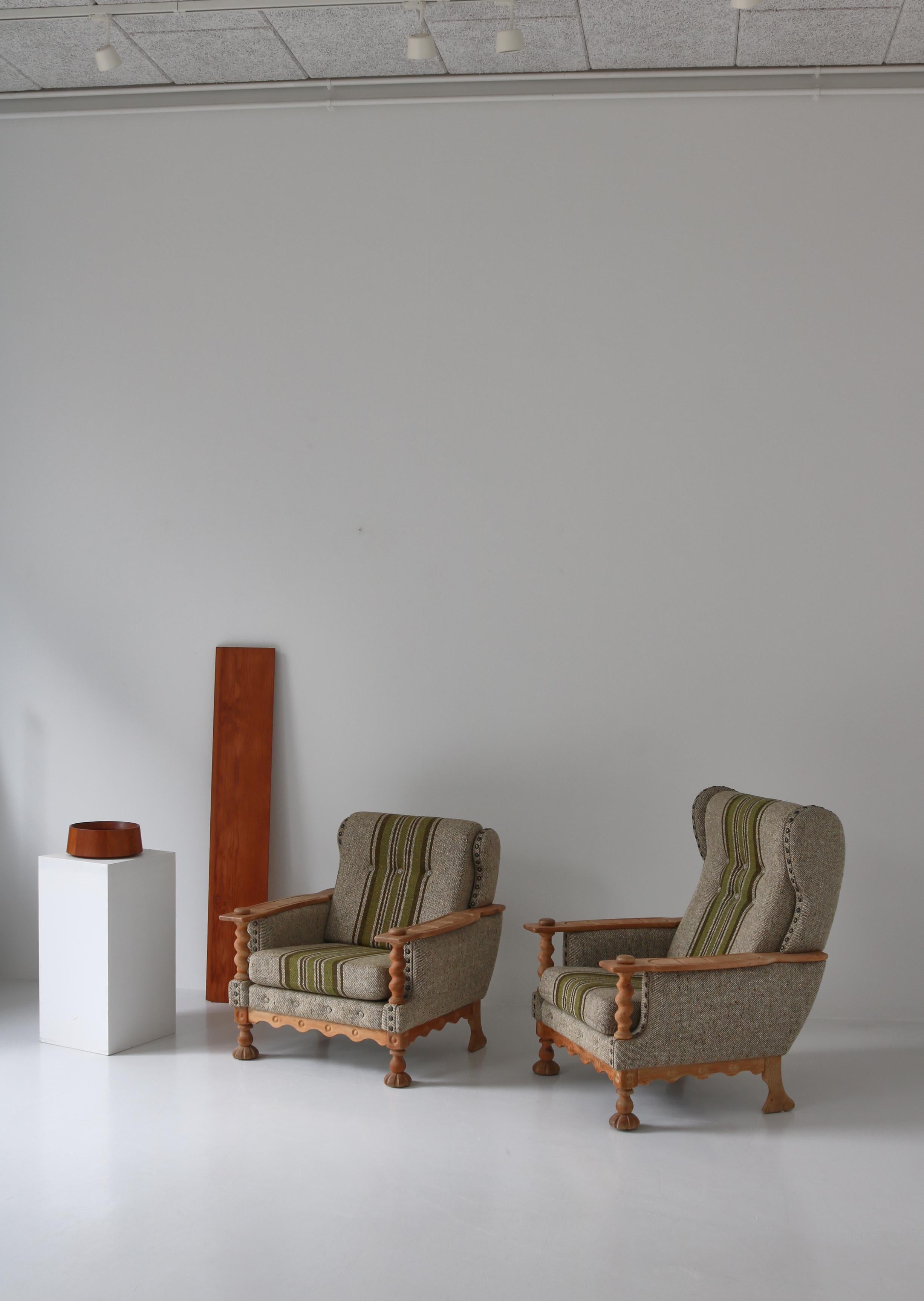 Scandinavian Modern Wingback Easy Chairs in Solid Oak by Henning Kjærnulf, 1960s 11