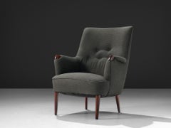 Scandinavian Modern Wingback Lounge Chair in Grey Upholstery and Teak