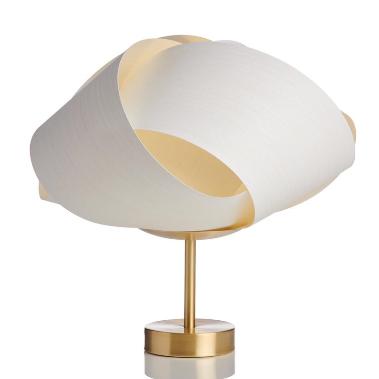 Scandinavian Modern Wood Veneer Shade with Brushed Brass Stand In New Condition For Sale In Bend, OR