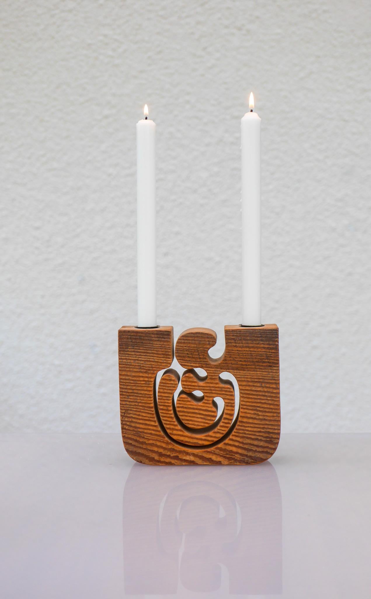 Late 20th Century Scandinavian modern Wooden Candleholder by Gunnar Kanevad, Sweden, organic shape For Sale