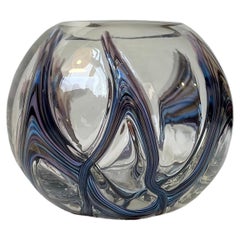 Scandinavian Modernist Art Glass Ball Vase with Blue Swirls