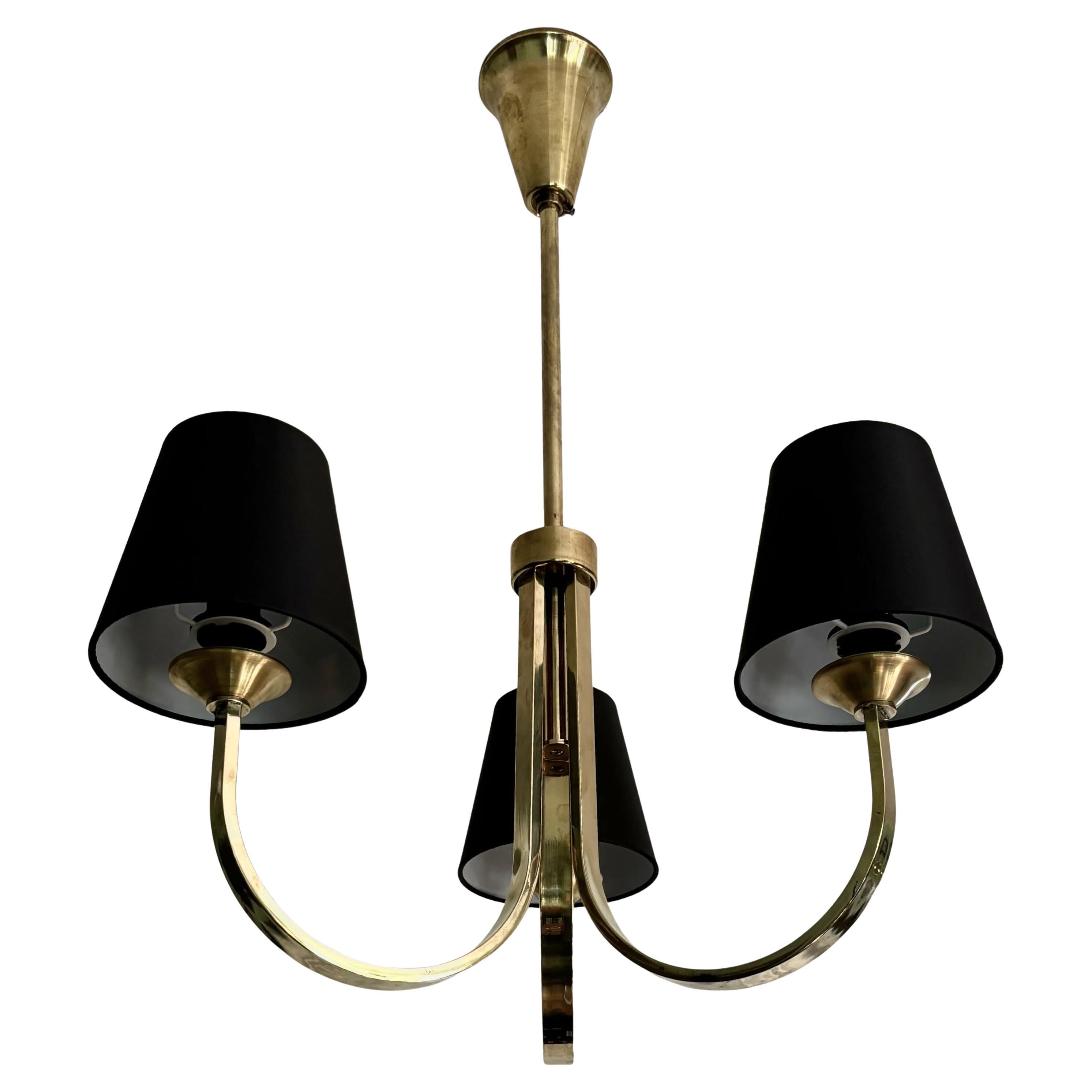 Scandinavian modernist brass chandelier with three black shades, Denmark, 1930s