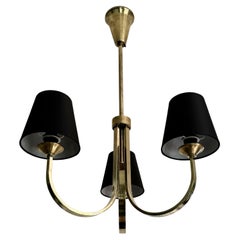Scandinavian modernist brass chandelier with three black shades, Denmark, 1930s