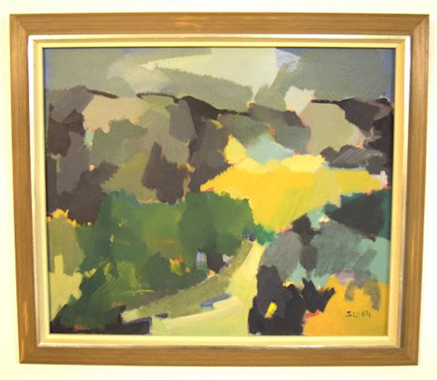 Scandinavian modernist. Colorful landscape. Oil on canvas, 1964.
Signed: SL-64
Measures: 54 cm x 45 cm. The frame measures: 6 cm.
In very good condition.