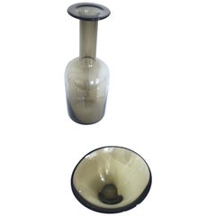 Scandinavian Modernist Danish Glass Gulvase and Bowl, Holmgaard 1958 Brown Smoke