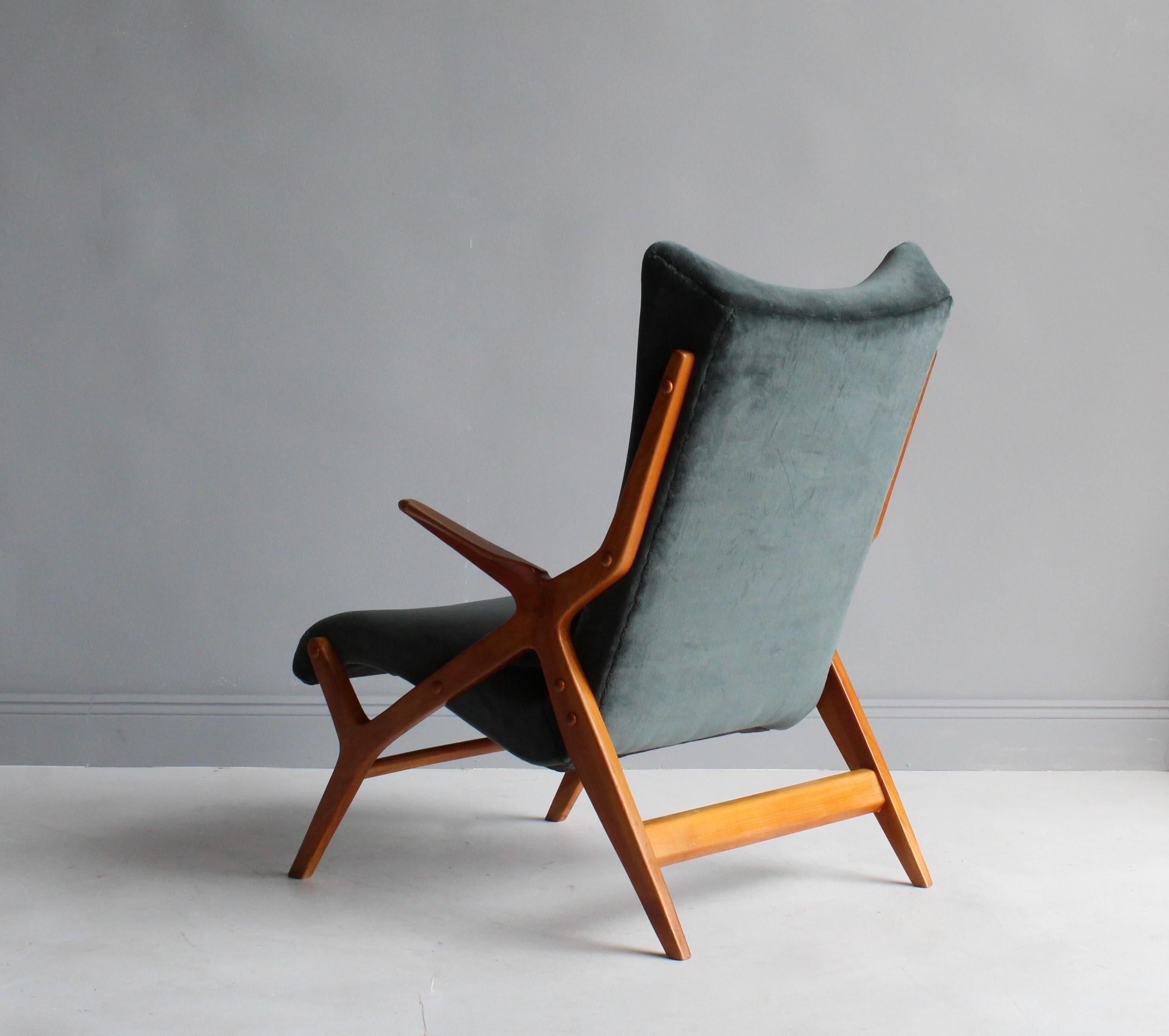 Mid-Century Modern Scandinavian Modernist Designer, Lounge Chair, Elm, Green / Blue Velvet, 1950s