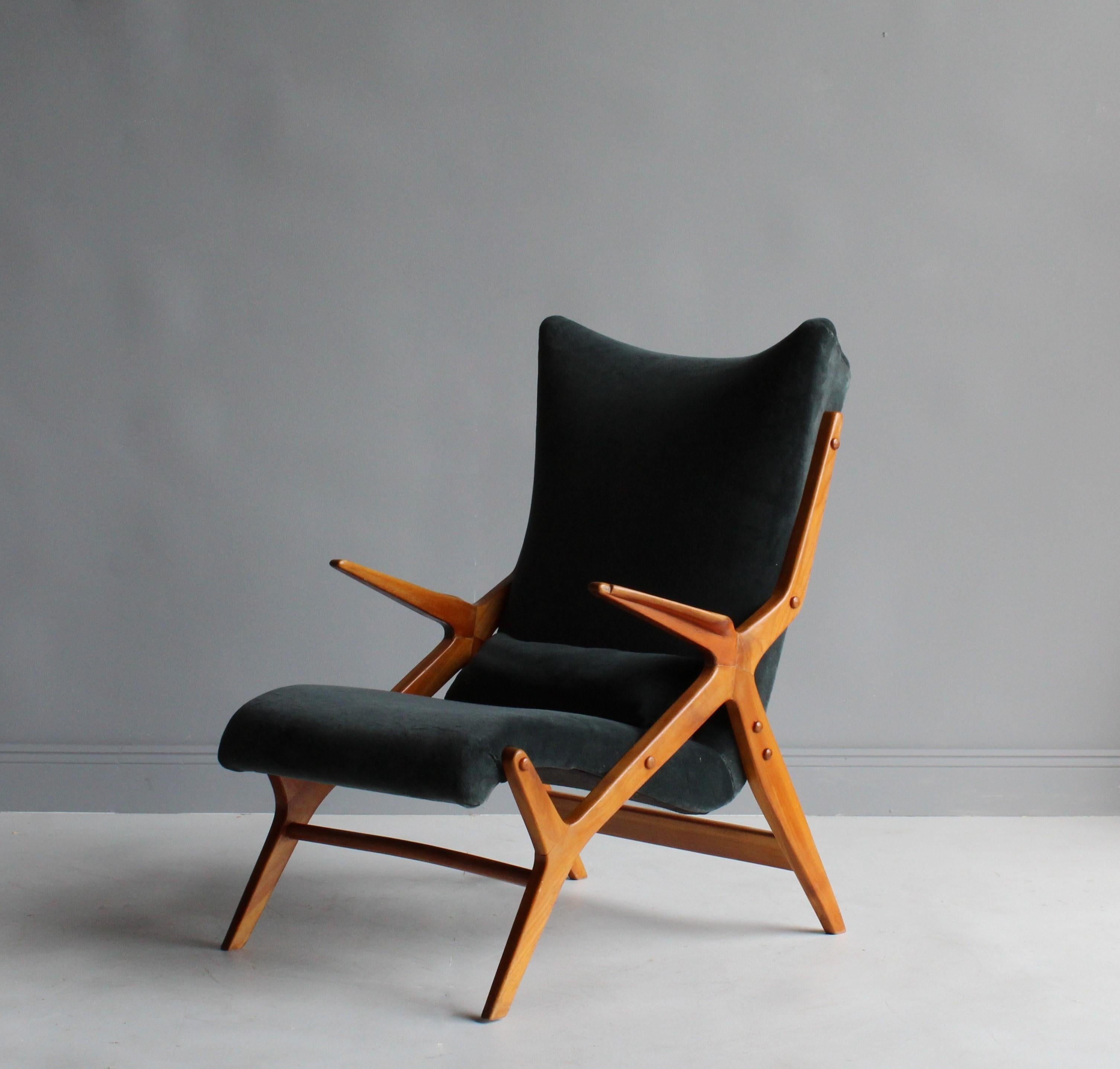 Swedish Scandinavian Modernist Designer, Lounge Chair, Elm, Green / Blue Velvet, 1950s