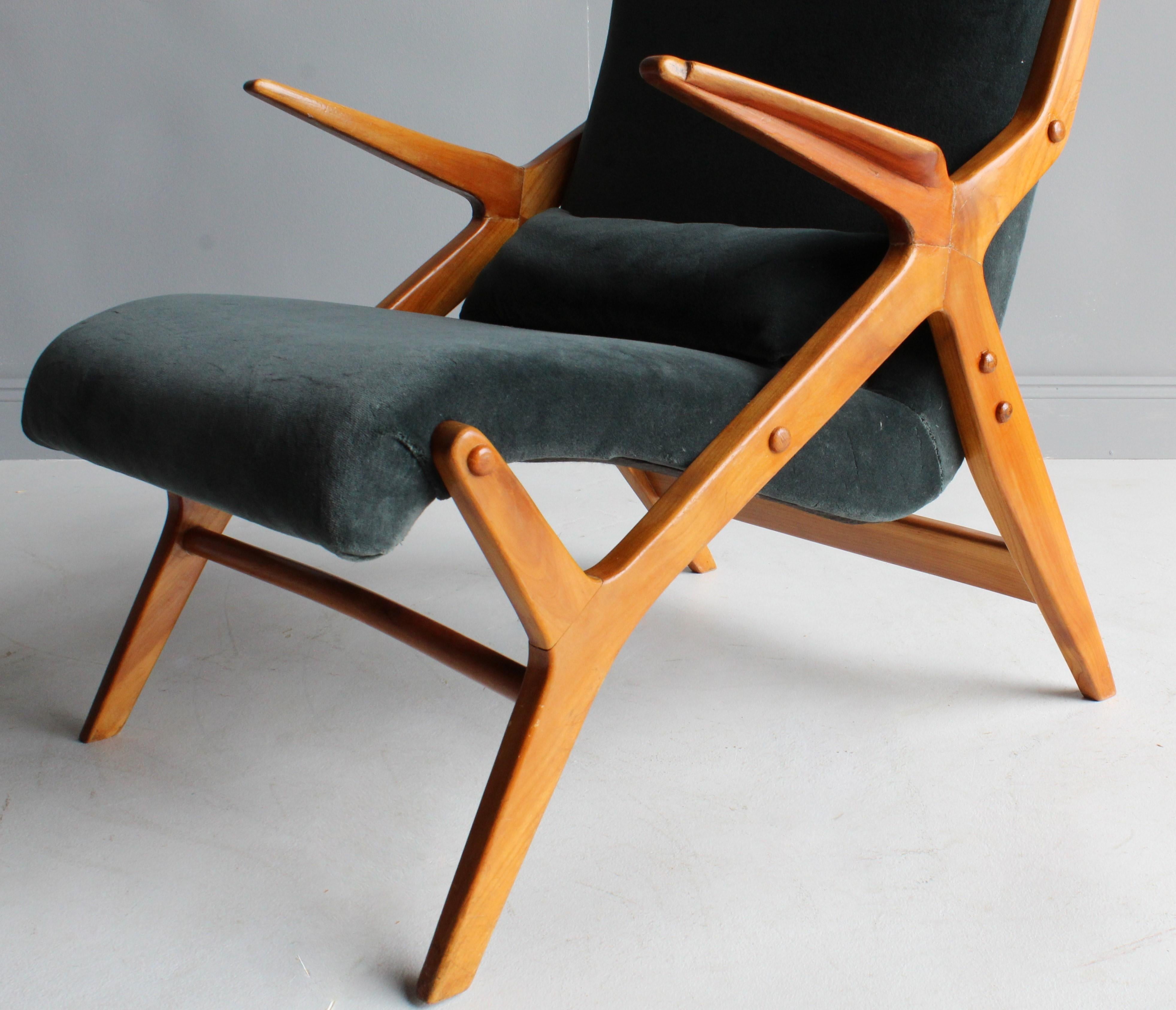 Scandinavian Modernist Designer, Lounge Chair, Elm, Green / Blue Velvet, 1950s In Good Condition In High Point, NC