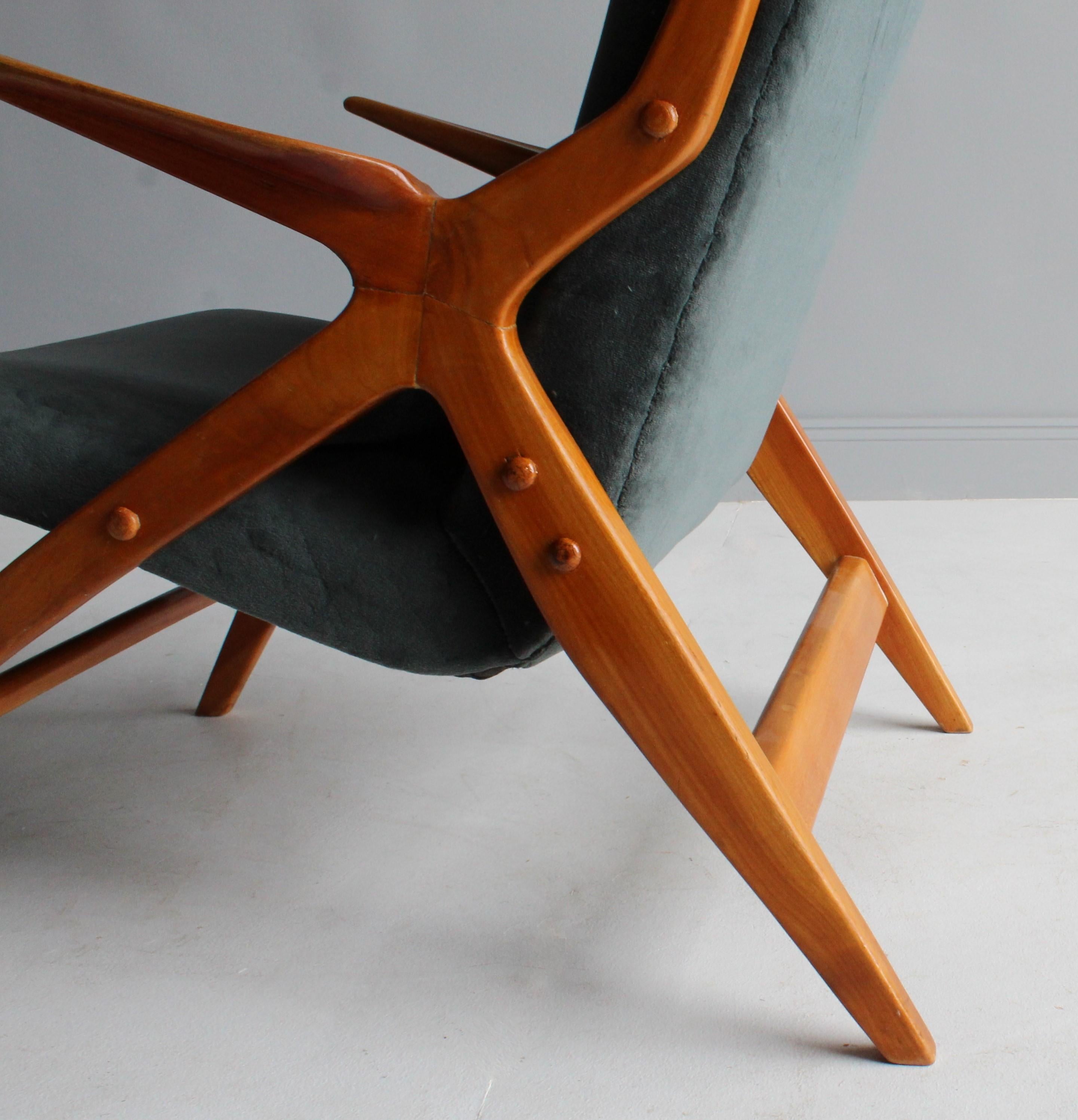 Mid-20th Century Scandinavian Modernist Designer, Lounge Chair, Elm, Green / Blue Velvet, 1950s