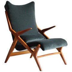 Scandinavian Modernist Designer, Lounge Chair, Elm, Green / Blue Velvet, 1950s