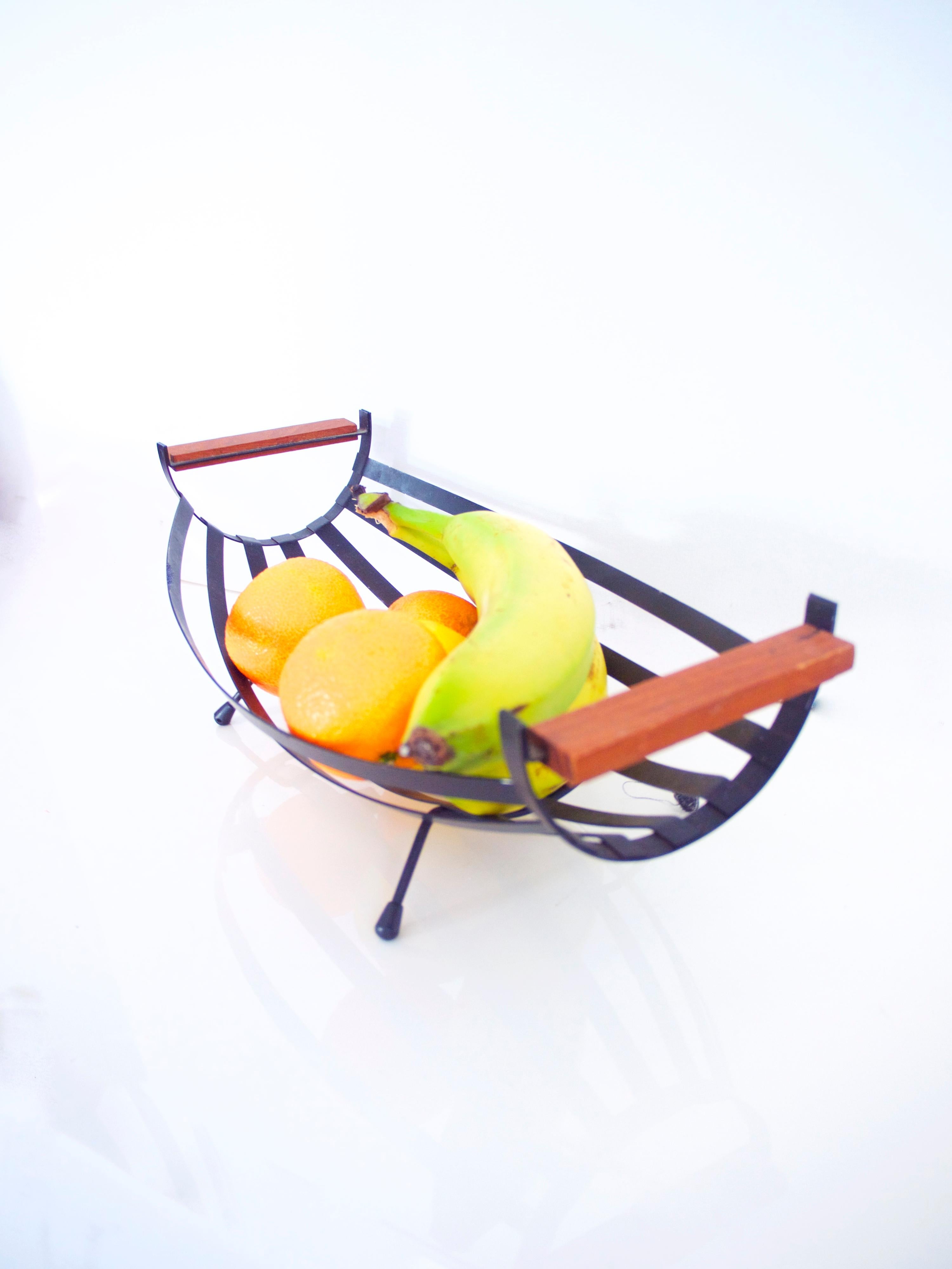 Mid-20th Century Scandinavian Modernist Fruit/Bread Basket Matt Black with Teak Handles, 1960 For Sale