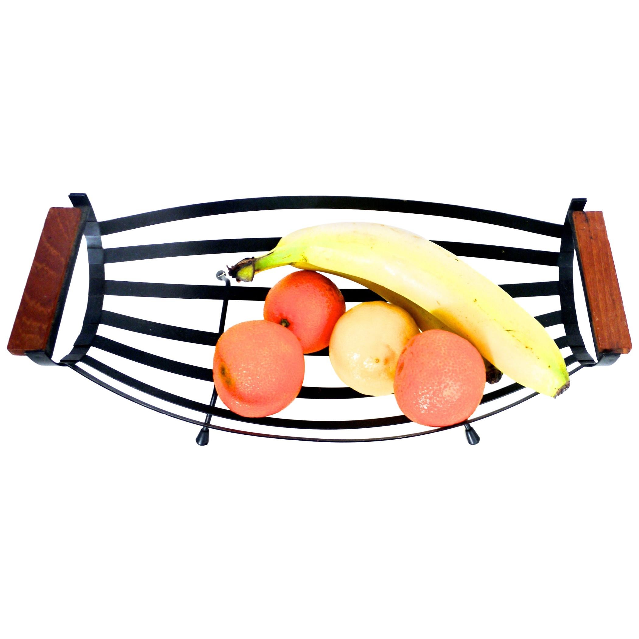 Scandinavian Modernist Fruit/Bread Basket Matt Black with Teak Handles, 1960 For Sale