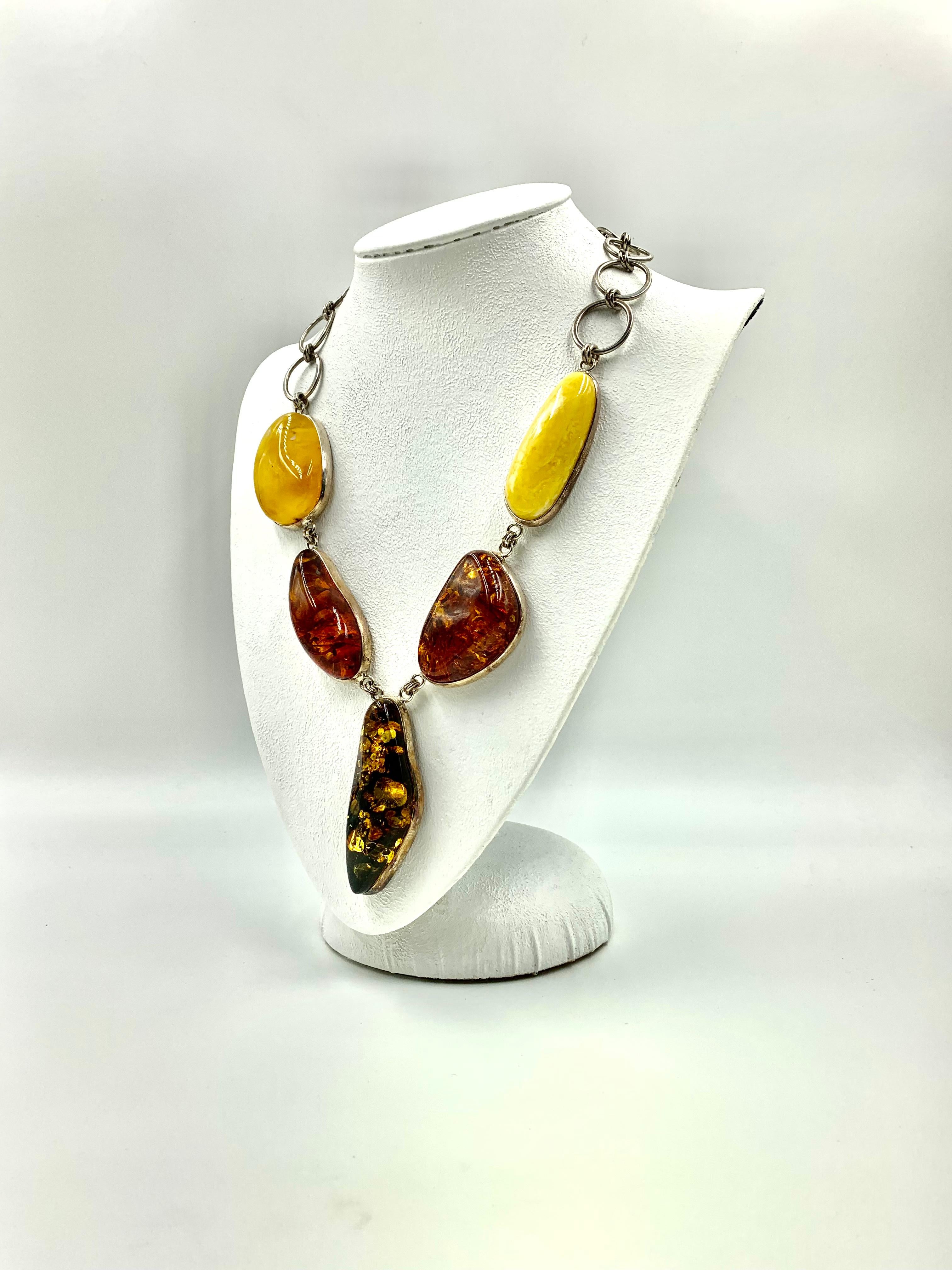 Scandinavian Modernist Large Natural Amber Sterling Silver Statement Necklace For Sale 10