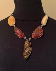 Scandinavian Modernist Large Natural Amber Sterling Silver Statement Necklace