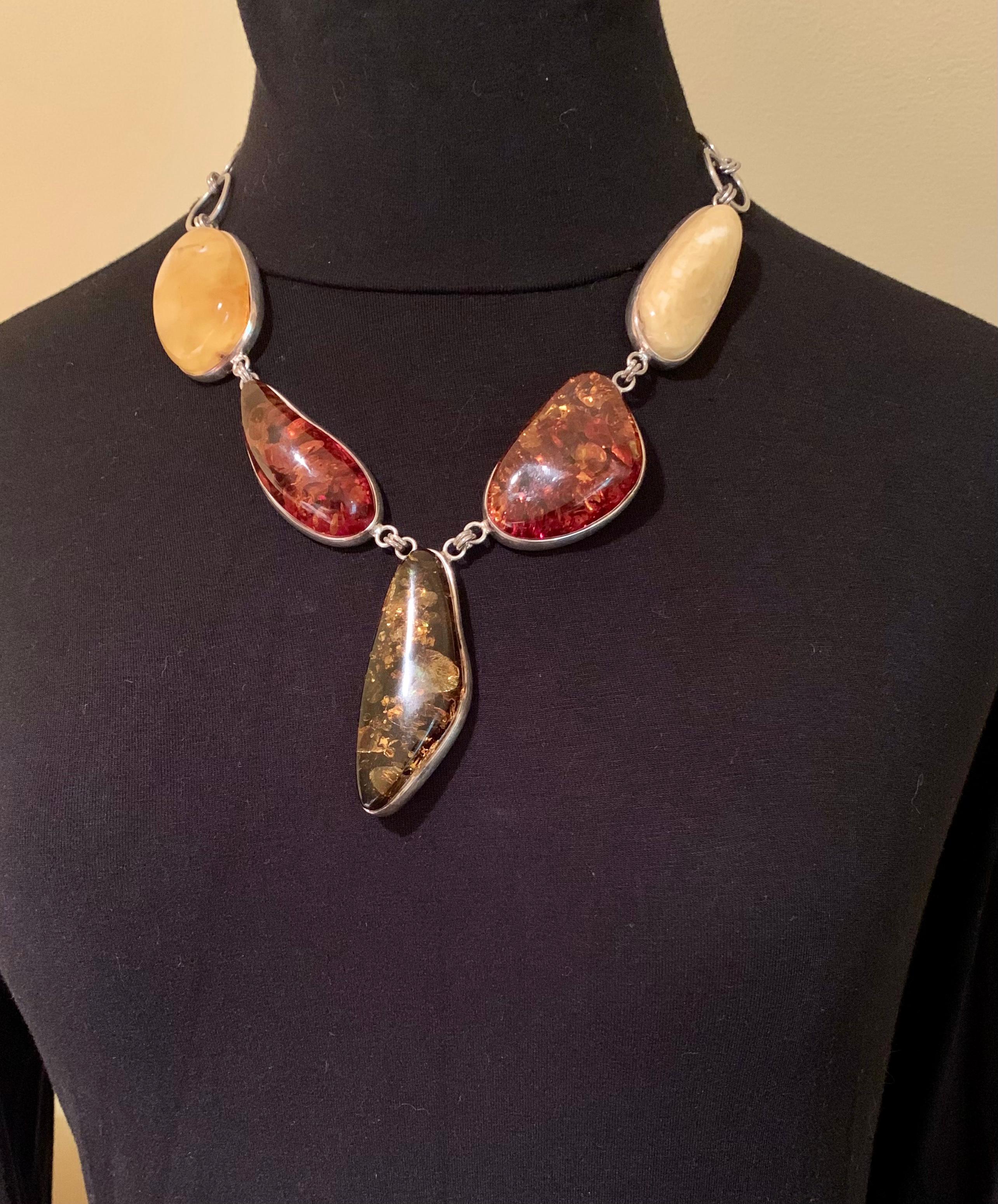 Uncut Scandinavian Modernist Large Natural Amber Sterling Silver Statement Necklace For Sale