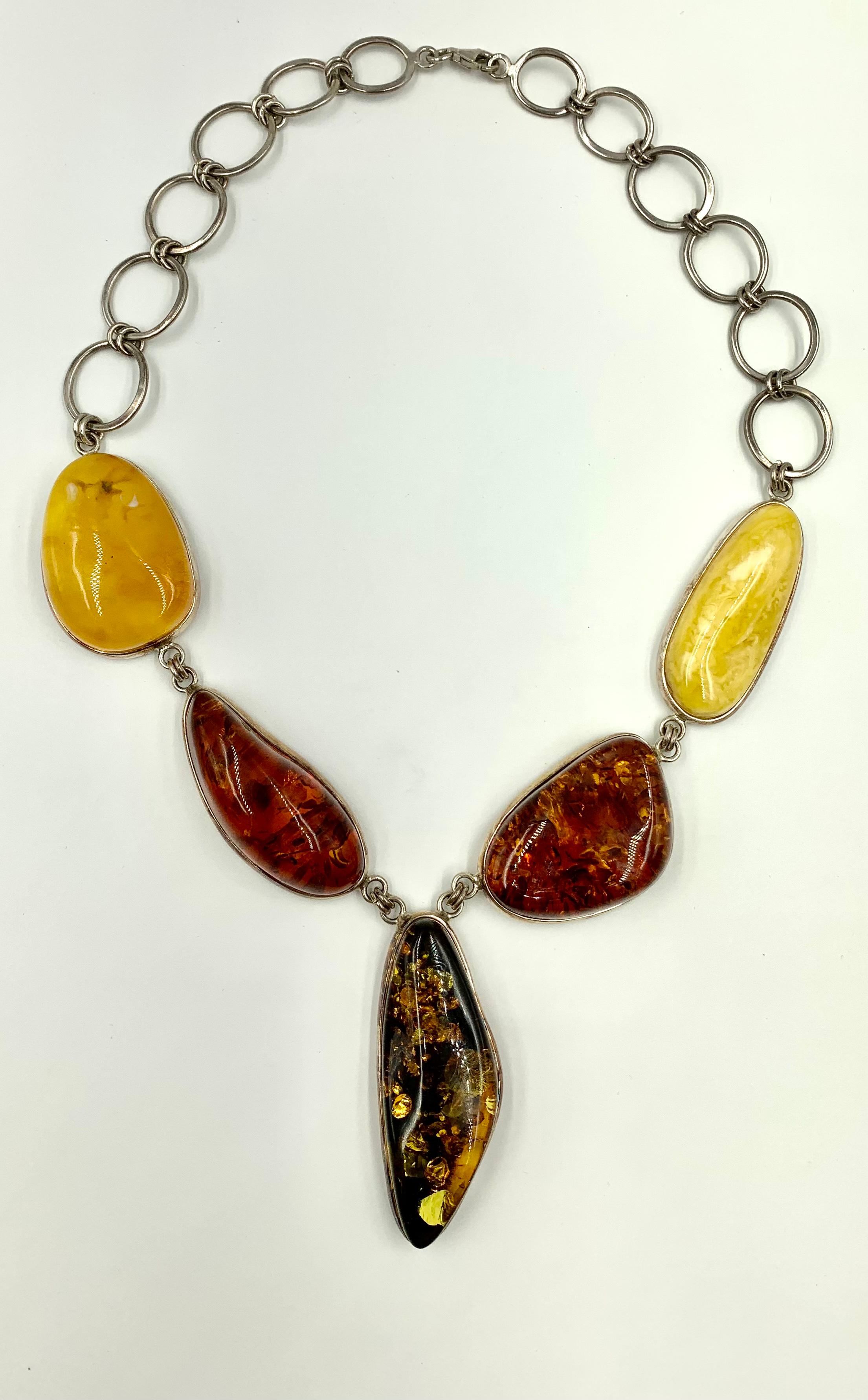Scandinavian Modernist Large Natural Amber Sterling Silver Statement Necklace For Sale 2