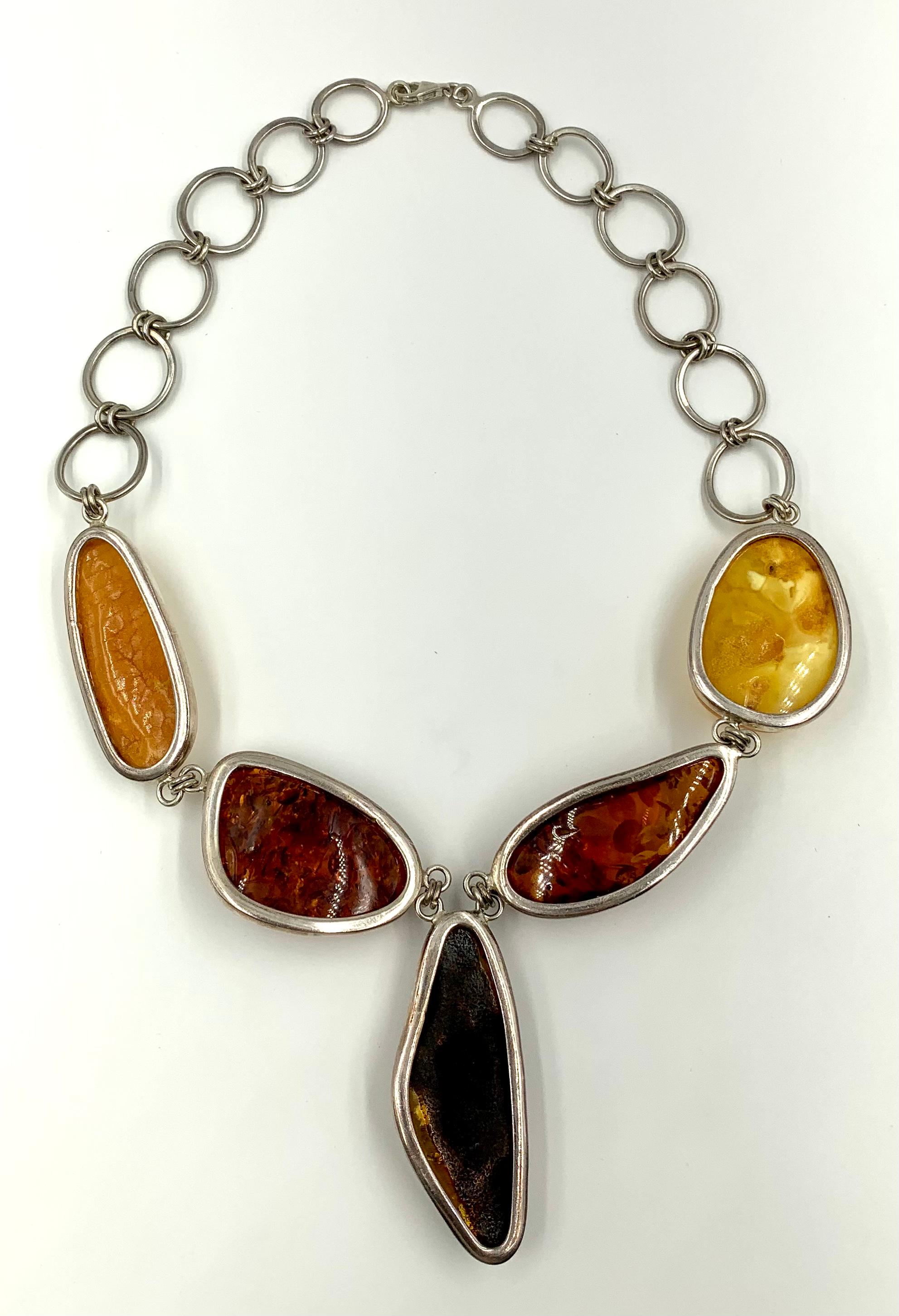 Scandinavian Modernist Large Natural Amber Sterling Silver Statement Necklace For Sale 3