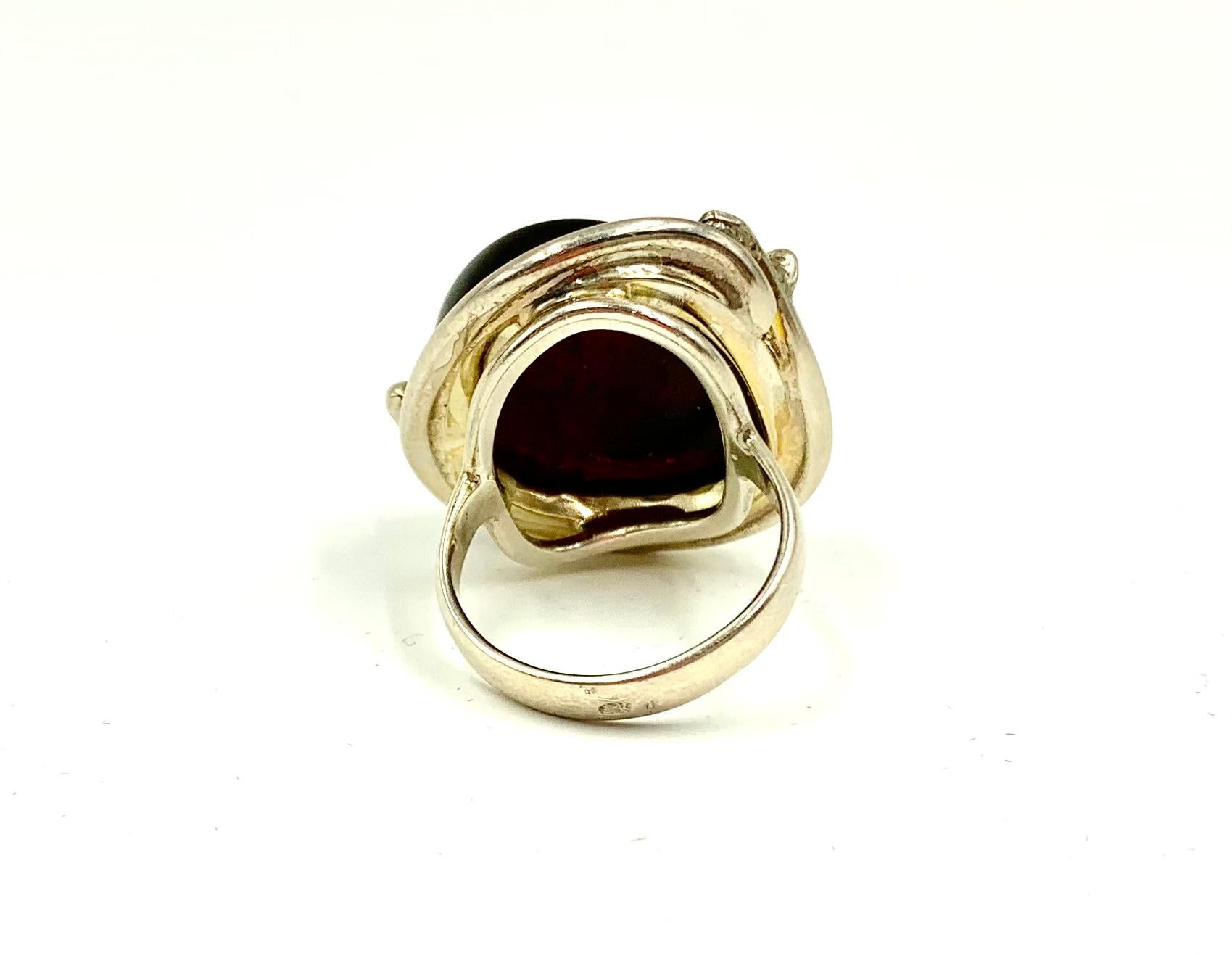 Scandinavian Modernist Natural Deep Madeira Amber Sterling Silver Statement Ring For Sale 6