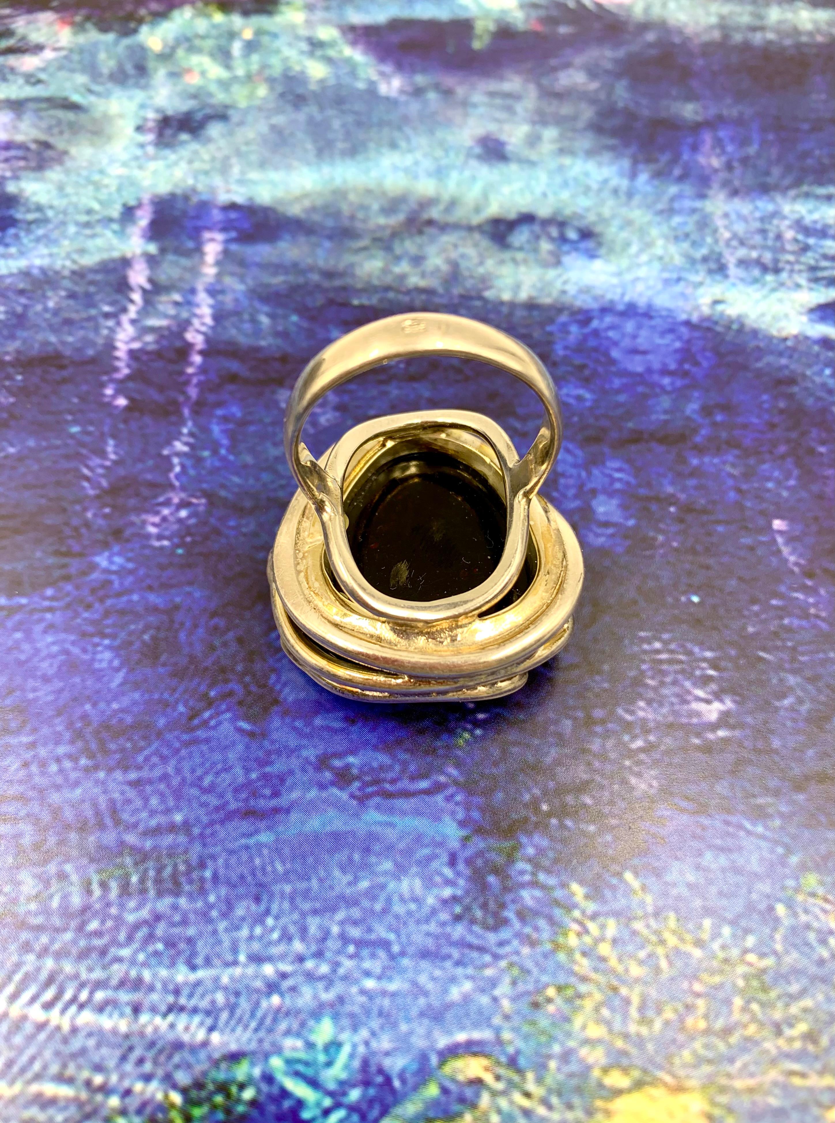 Scandinavian Modernist Natural Deep Madeira Amber Sterling Silver Statement Ring For Sale 1