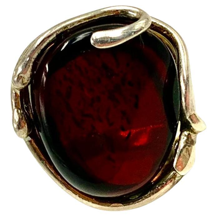 Scandinavian Modernist Natural Deep Madeira Amber Sterling Silver Statement Ring For Sale