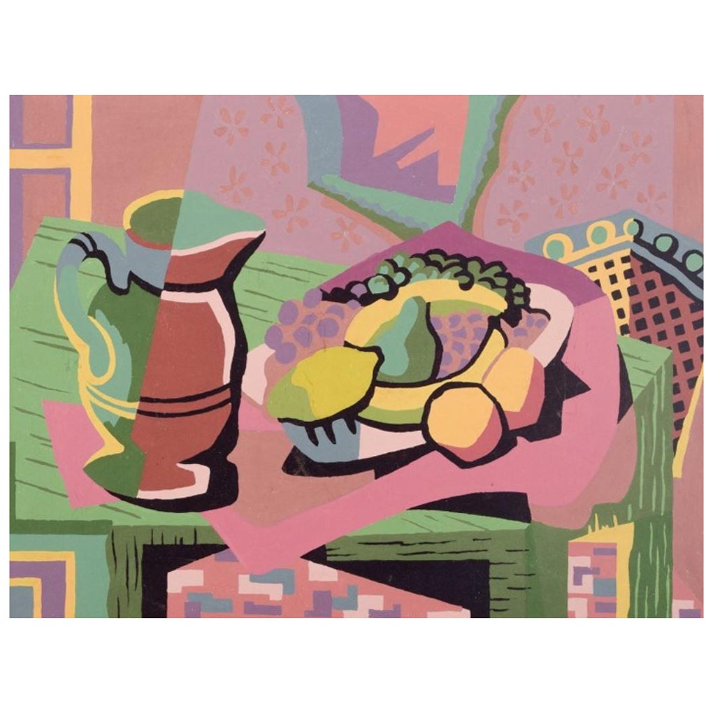 Scandinavian modernist, oil on board, still life with fruits and pitcher. For Sale
