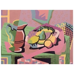 Scandinavian modernist, oil on board, still life with fruits and pitcher.