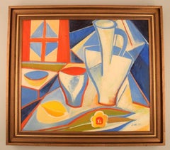 Moderniste scandinave, huile sur toile, nature morte cubiste, datée de 1975
